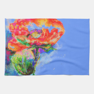Elegant red floral watercolor painting kitchen towel