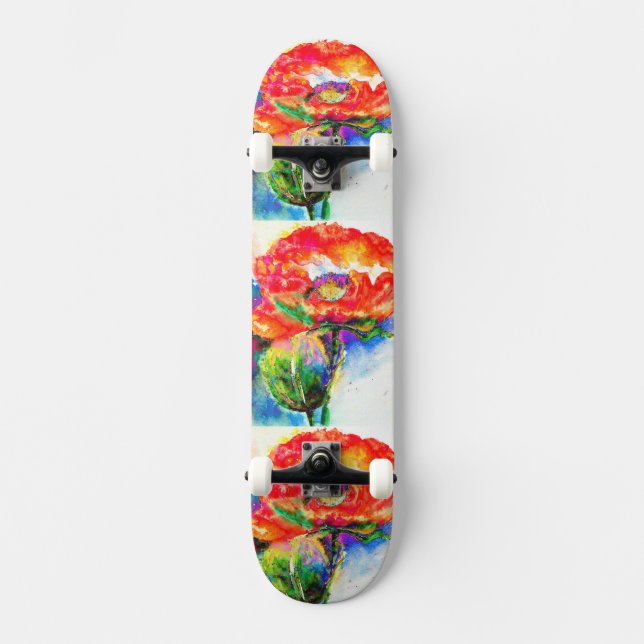 Elegant red floral watercolor painting skateboard (Front)