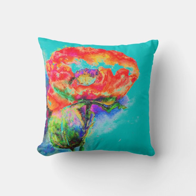 Elegant red floral watercolor painting teal throw pillow (Front)