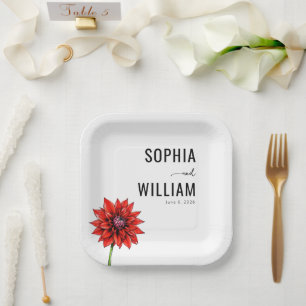Elegant Red Floral Wedding Invitation Paper Plate