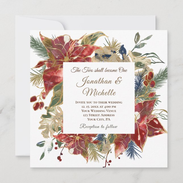 Elegant Red Floral Winter Christian Wedding Invitation (Front)