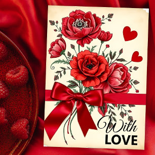Elegant Red Flower Bouquet with Hearts and Ribbon Card