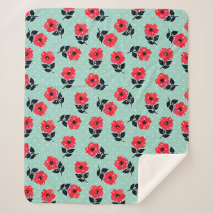 Elegant Red Flowers Aqua Blue Polka Dots Pattern Sherpa Blanket