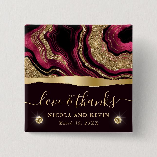 Elegant Red Foil and Gold Glitter Agate Wedding 2 Inch Square Button (Front)