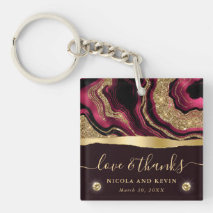 Elegant Red Foil and Gold Glitter Agate Wedding Keychain