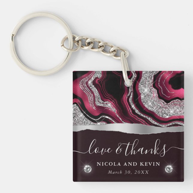 Elegant Red Foil and Silver Glitter Agate Wedding Keychain (Front)