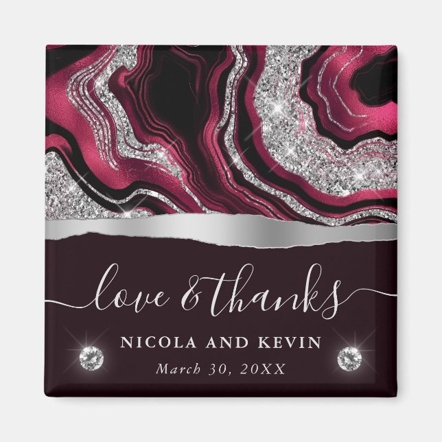 Elegant Red Foil and Silver Glitter Agate Wedding Magnet (Front)