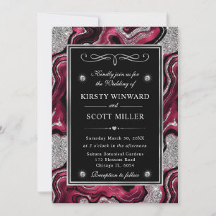 Elegant Red Foil & Silver Glitter Agate Wedding Invitation