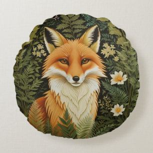 Elegant Red Fox And Green Foliage Round Pillow