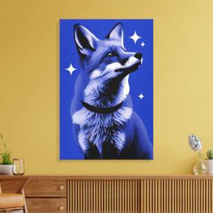 Elegant Red Fox Blue Monochrome Editorial Art Canvas Print