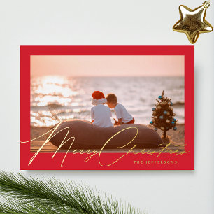 Elegant Red Frame & Gold Merry Christmas Photo Foil Holiday Card