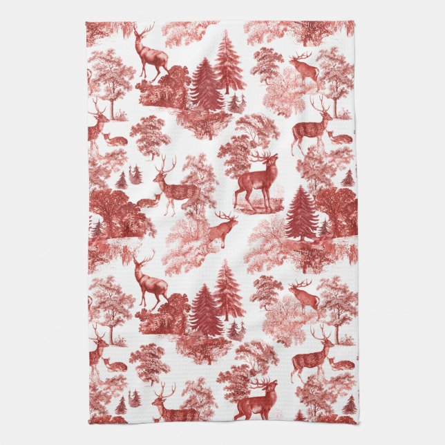 Elegant Red French Toile Deer in Woodland Kitchen Towel (Vertical)
