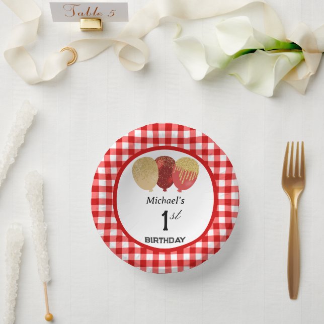 Elegant Red Gingham & Balloons 1st Birthday Paper Plate (Wedding)
