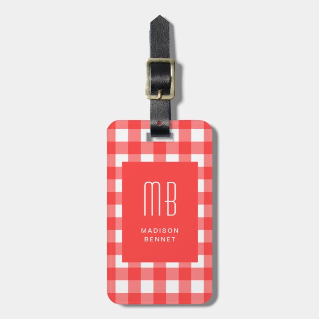 Elegant Red Gingham Monogram Luggage Tag (Front Vertical)