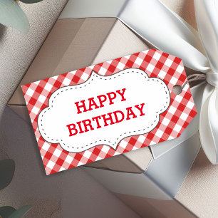 Elegant Red Gingham Pattern Personalized Birthday Gift Tags