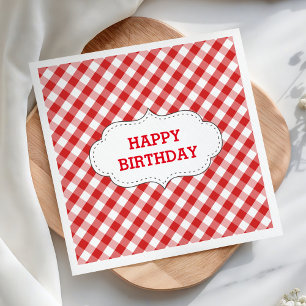 Elegant Red Gingham Pattern Personalized Birthday Napkin