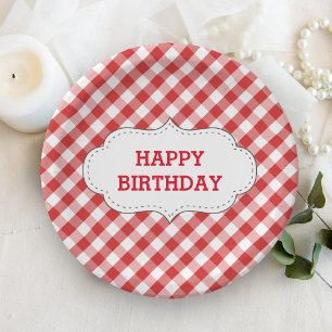 Elegant Red Gingham Pattern Personalized Birthday Paper Plate