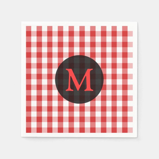 Elegant Red Gingham Pattern Personalized Monogram Napkin (Front)