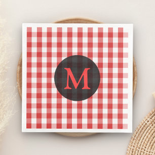 Elegant Red Gingham Pattern Personalized Monogram Napkin