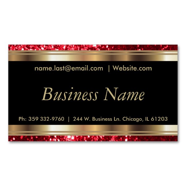 Elegant Red Glitter and Black and Gold Magnetic Business Card (Front)