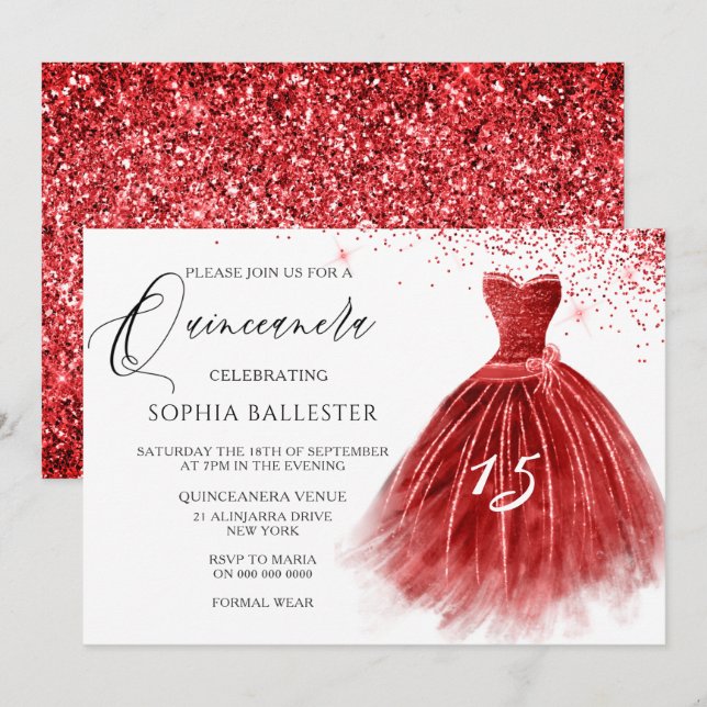 Elegant Red Glitter Gown Quinceanera Party Invitation (Front/Back)