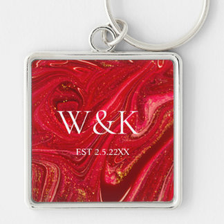 Elegant Red Glitter Initial Wedding Couple  Keychain