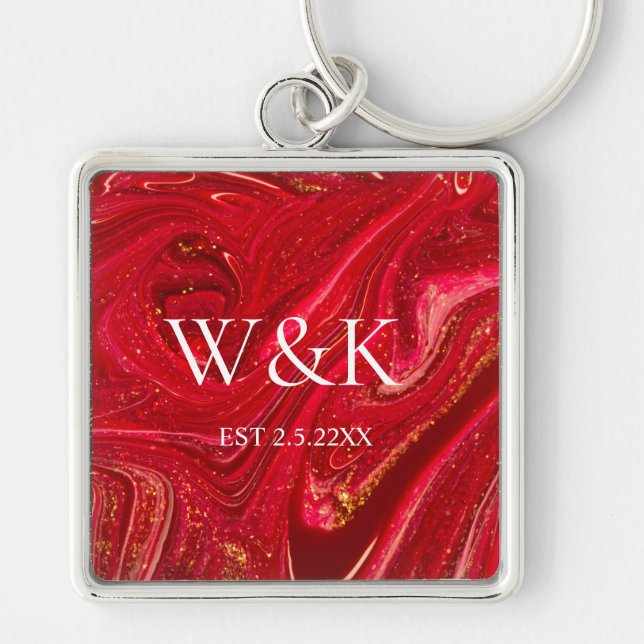 Elegant Red Glitter Initial Wedding Couple  Keychain (Front)