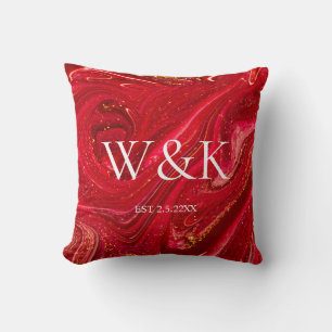 Elegant Red Glitter Initial Wedding Couple  Throw Pillow