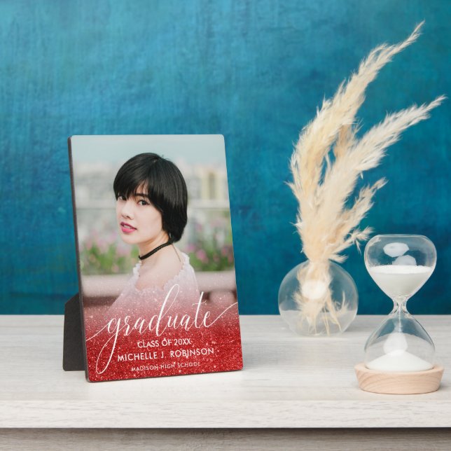 Elegant Red Glitter Ombre Girly Photo Graduation Plaque (Side)