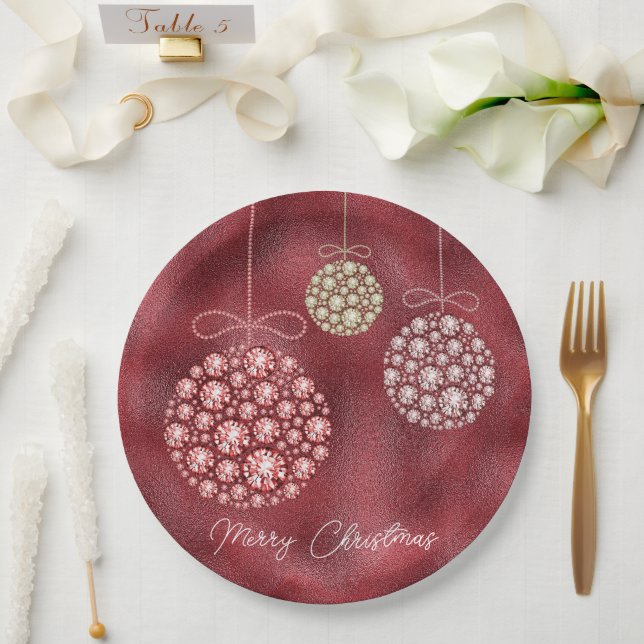 Elegant Red  Glitter Ornaments Merry Christmas  Paper Plate (Wedding)