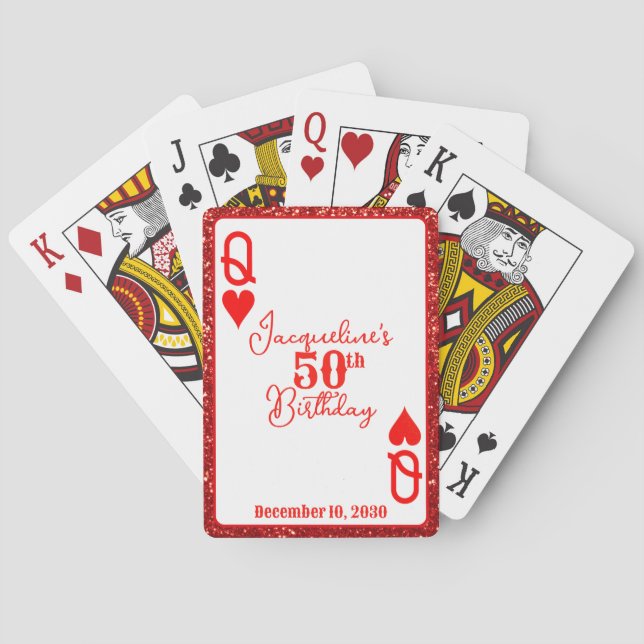 Elegant Red Glitter Queen of Hearts Birthday  Playing Cards (Back)