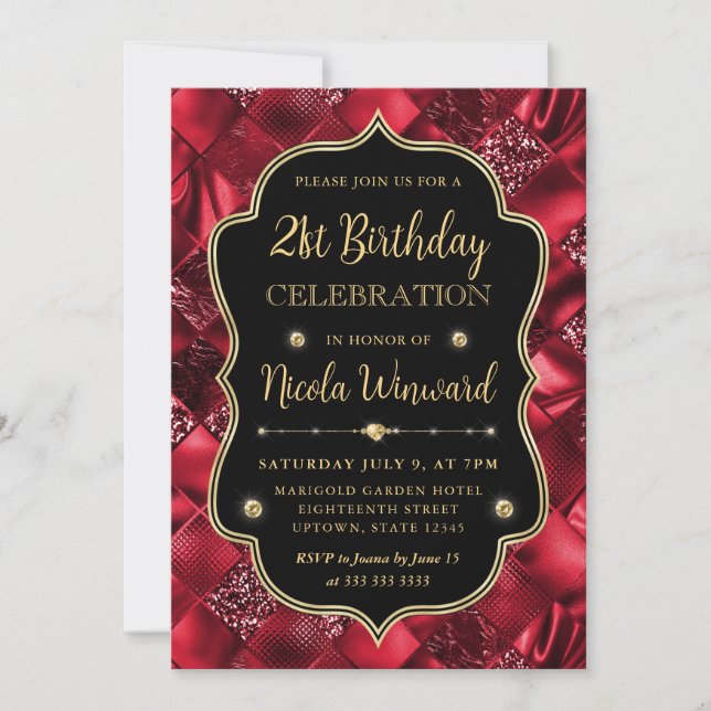Elegant Red Glitter Vintage Frame Birthday Invitation (Front)