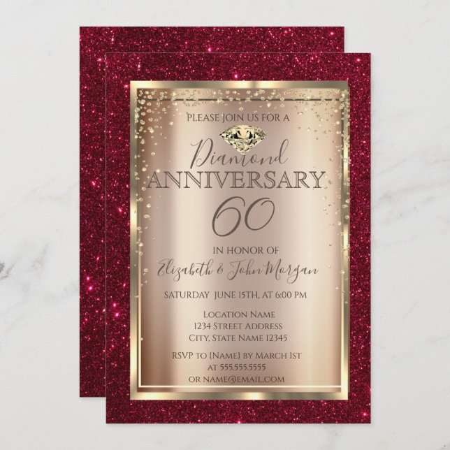 Elegant Red Glitter Wedding Anniversary  Invitation (Front/Back)