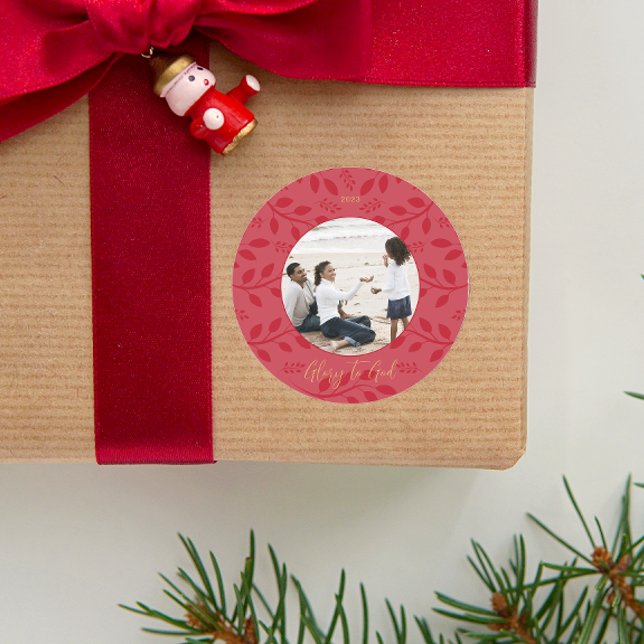 Elegant Red Glory to God Botanical Christmas Photo Classic Round Sticker (Creator Uploaded)