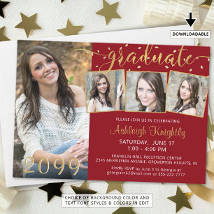 Elegant Red Gold 4 Photo Confetti Graduate  Invitation