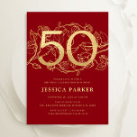 Elegant Red Gold 50th Birthday Invitation<br><div class="desc">Elegant red gold 50th birthday party invitation. Customizable modern feminine design featuring roses botanical accents and faux glitter gold. Simple floral invite card perfect for a stylish female bday celebration. Personalize with your own details. Printed Zazzle invitations or instant download digital printable template.</div>
