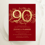 Elegant Red Gold 90th Birthday Invitation<br><div class="desc">Elegant red gold  90th birthday party invitation. Customizable modern feminine design featuring roses botanical accents and faux glitter gold. Simple floral invite card perfect for a stylish female bday celebration. Personalize with your own details. Printed Zazzle invitations or instant download digital printable template.</div>