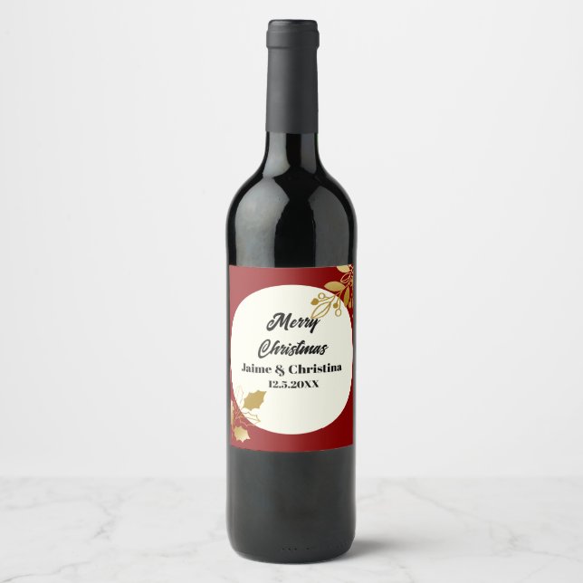 Elegant Red Gold and Ivory Custom Merry Christmas  Wine Label (Front)
