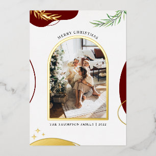 Elegant Red Gold Arch Watercolor Merry Christmas Foil Holiday Card