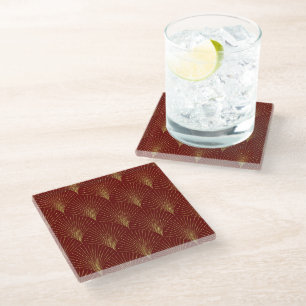 Elegant Red & Gold Art-Deco Pattern  Glass Coaster