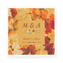 Elegant Red Gold Autumn Leaves Wedding Napkins 