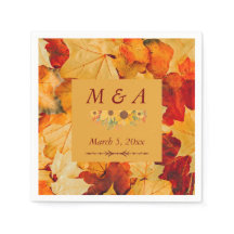 Elegant Red Gold Autumn Leaves Wedding Napkins 