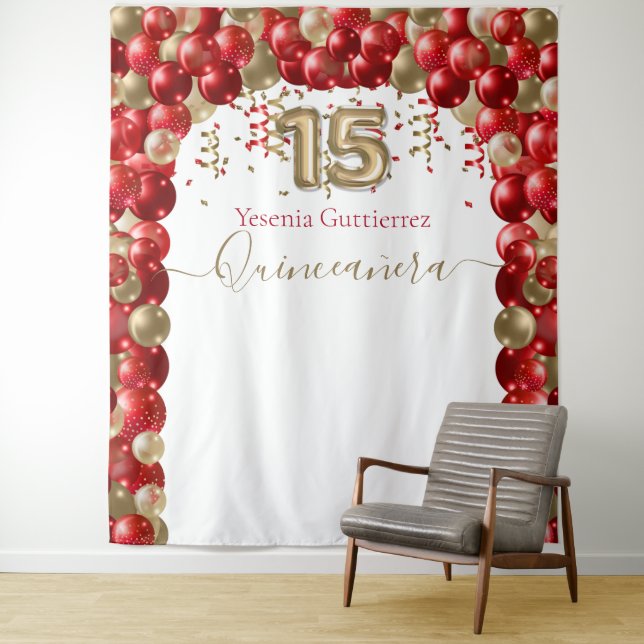 Elegant Red Gold Balloon Arch Quinceanera Tapestry (In Situ)