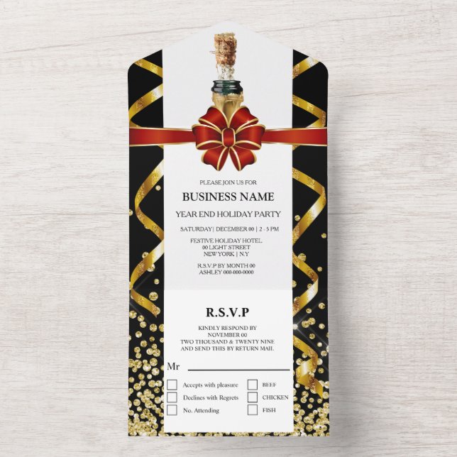 Elegant red gold black holiday champagne party all in one invitation (Inside)