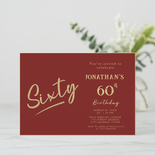 Elegant Red Gold Brush Script 60th Birthday Invitation (Standing Front)