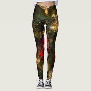 Elegant Red Gold Christmas Holiday Tree Leggings