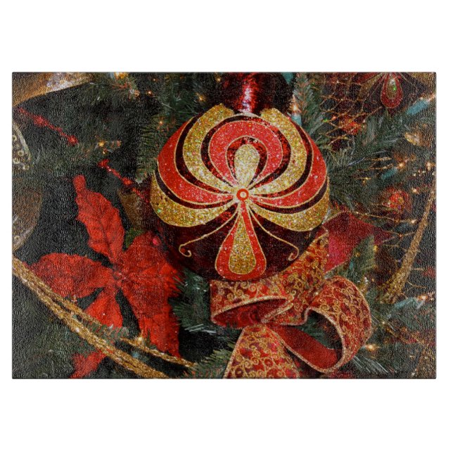 Elegant Red Gold Christmas Ornament Poinsettia Cutting Board (Front)
