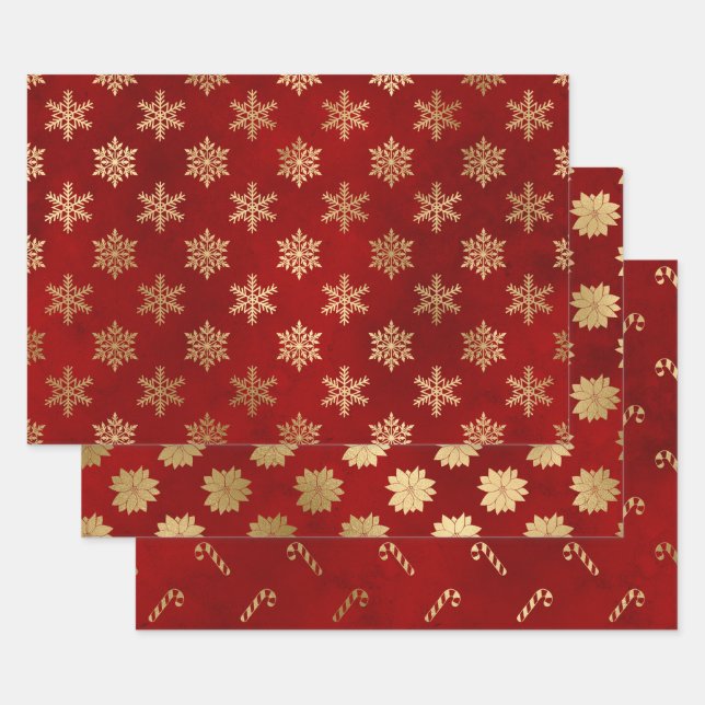Elegant red & gold Christmas patterns  Wrapping Paper Sheet (Set)