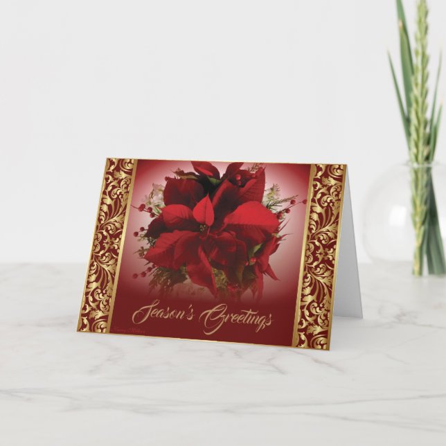 Elegant Red & Gold Christmas Poinsettia Holiday Card (Front)