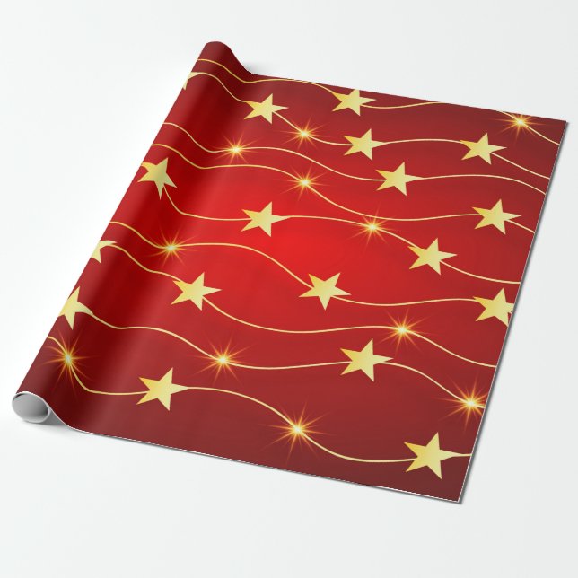 Elegant Red Gold Christmas Star Holiday Pattern Wrapping Paper (Unrolled)